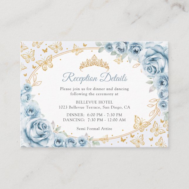 Carte D'accompagnement Baby Blue Gold Quinceanera Reception Details (Devant)