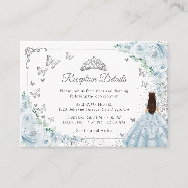 Carte D'accompagnement Baby Blue Silver Quincenarea Reception Details (Devant)