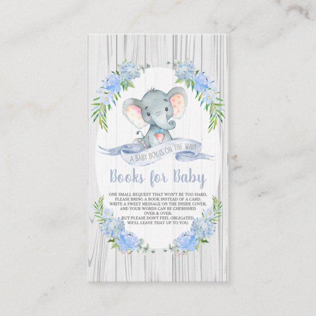 Carte D'accompagnement Baby Boy Elephant Baby shower Apportez un livre (Devant)