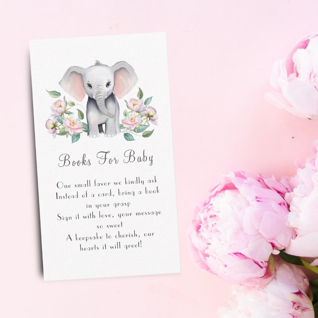 Carte D'accompagnement Baby Elephant With Peonies Livres Pour Baby (Encourage a love for reading: Baby Elephant, Peonies & Books enclosure card.)