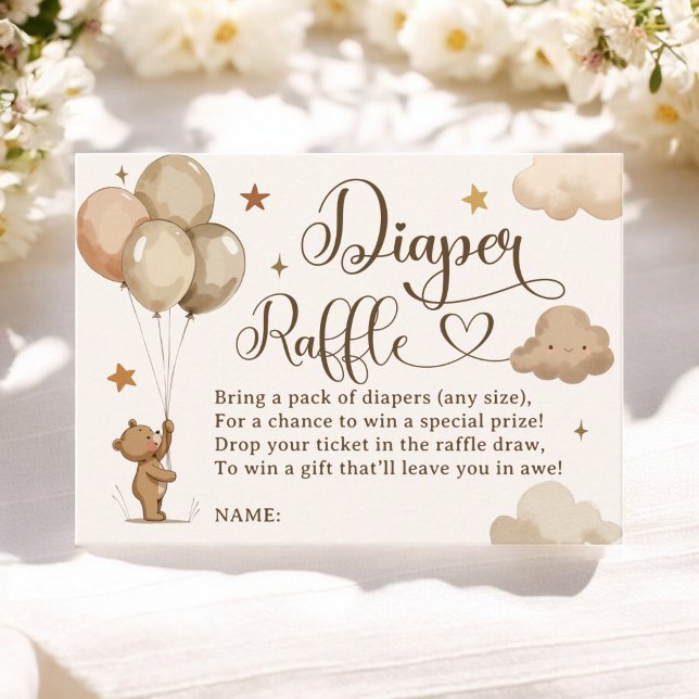 Carte D'accompagnement Baby shower à rayonnages à balloon de l'ours en pe (Teddy Bear Balloon Diaper Raffle Baby Shower Enclosure Card)
