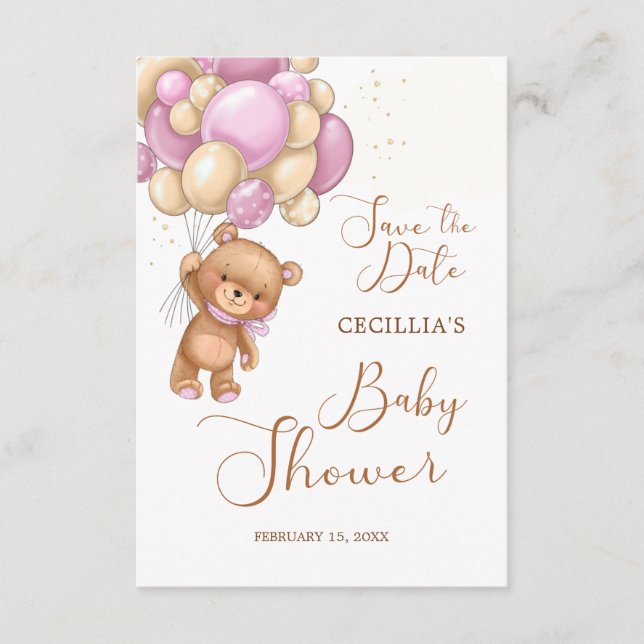 Carte D'accompagnement Baby shower Bear Pink Balloons Enregistrer la date (Devant)