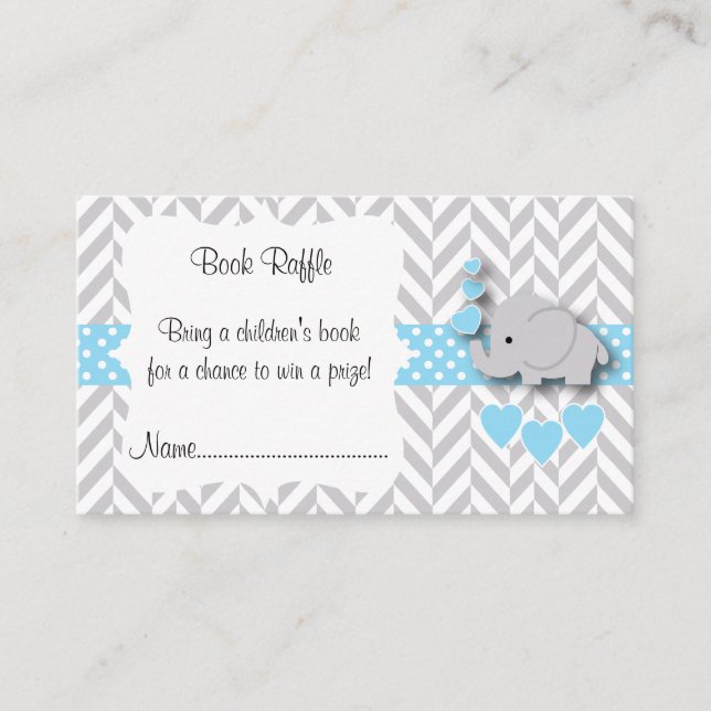 Carte D'accompagnement Baby shower bleu, gris blanc Eléphant Livre Raffle (Devant)