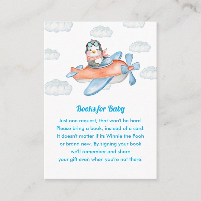 Carte D'accompagnement Baby shower Bleu Pingouin Animal Pilote Demande (Devant)
