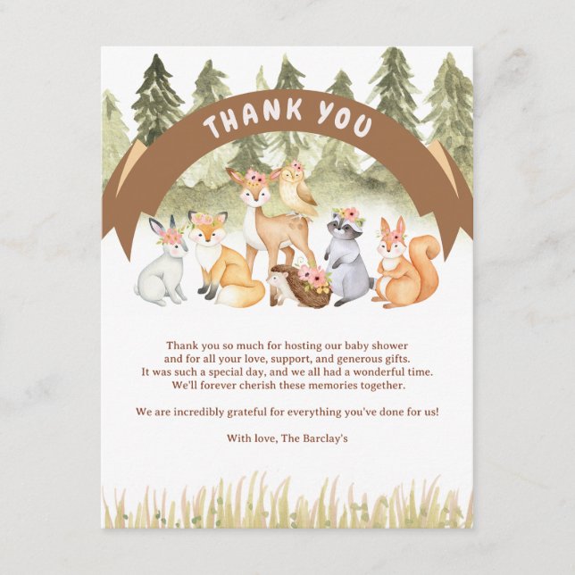 Carte D'accompagnement Baby shower Brown Et Vert Des Animaux De Bois (Devant)