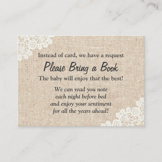 Carte D'accompagnement Baby shower Burlap & Lace Livre Demande Insérer (Devant)