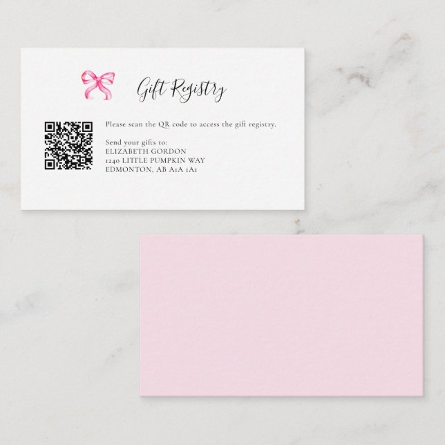 Carte D'accompagnement Baby shower cadeau de registre rose Bow code QR (Devant / Derrière)