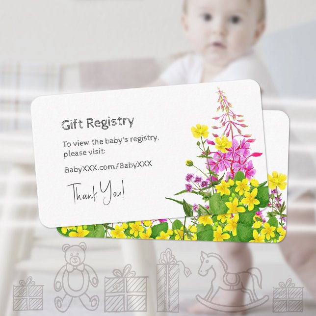 Carte D'accompagnement Baby shower Cadeau Registre Fleur sauvage rose jau (Baby Shower Gift Registry Yellow Pink Wildflower Enclosure Card ©Susanne Sachers - Sunny Mind Design)