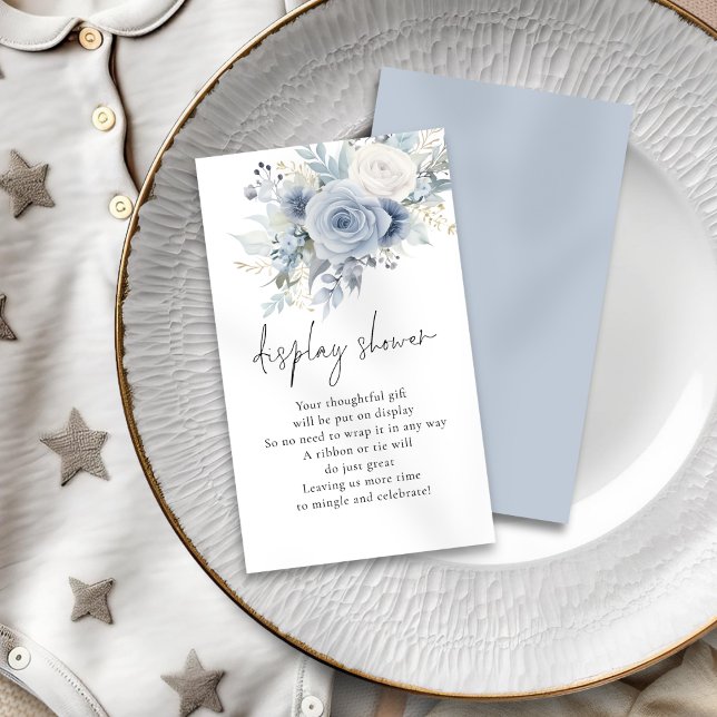 Carte D'accompagnement Baby shower d'affichage des scripts de fleurs bleu (Front and Back View)