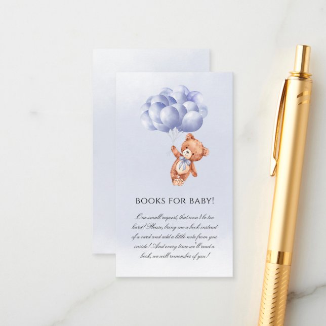 Carte D'accompagnement Baby shower d'aquarelle Teddy Bear Blue Balloon (Devant/Arrière en situation)