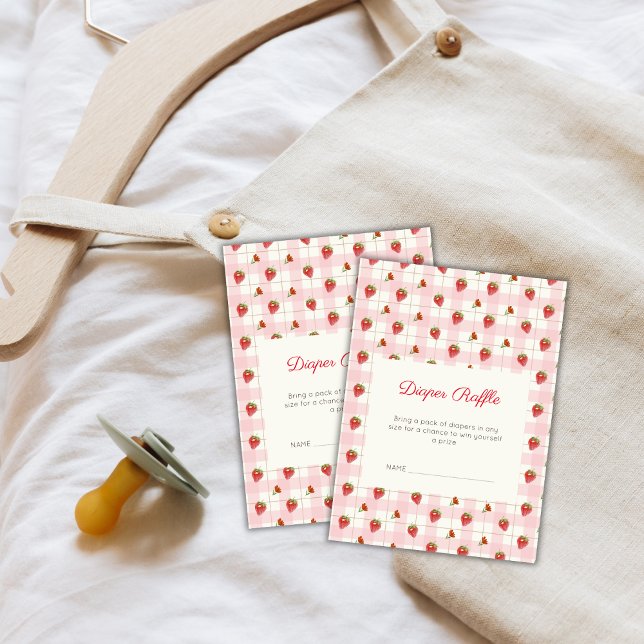 Carte D'accompagnement Baby shower de  de fraise rose En vichy fraise (Pink Strawberry Gingham Diaper Raffle Baby Shower Enclosure Card)