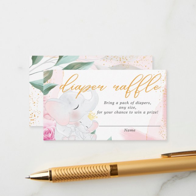 Carte D'accompagnement Baby shower de fille Eléphant de la tombole (Devant/Arrière en situation)