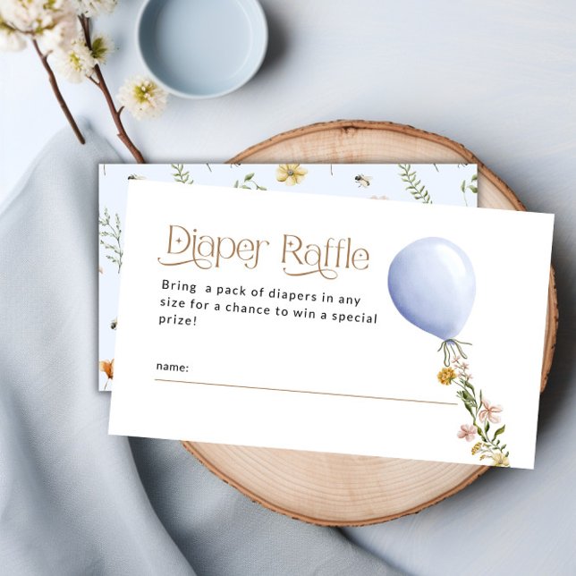 Carte D'accompagnement Baby shower de  Fleur sauvage de ballons bleu (Blue Balloon Wildflower Diaper Raffle Baby Shower Enclosure Card)