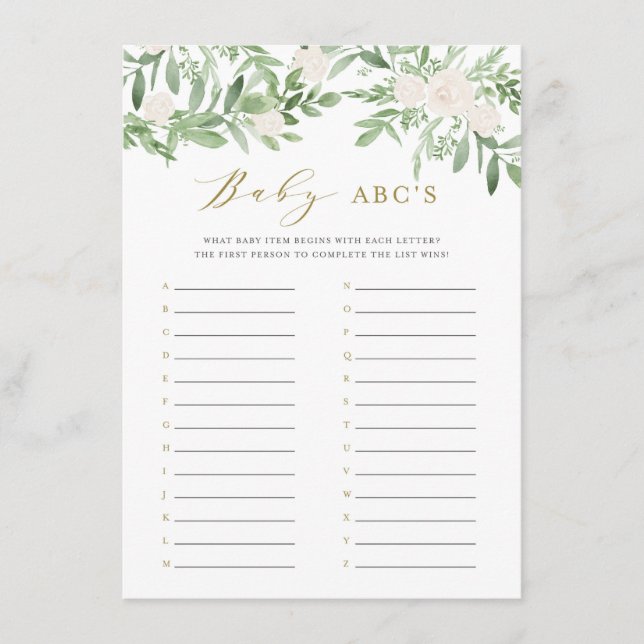 Carte D'accompagnement Baby shower de fleurs vertes et blanches ABC Jeu (Devant)