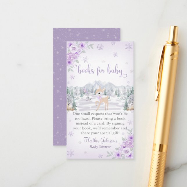 Carte D'accompagnement Baby shower de Flocon de neige violet de cerf d'hi (Devant/Arrière en situation)