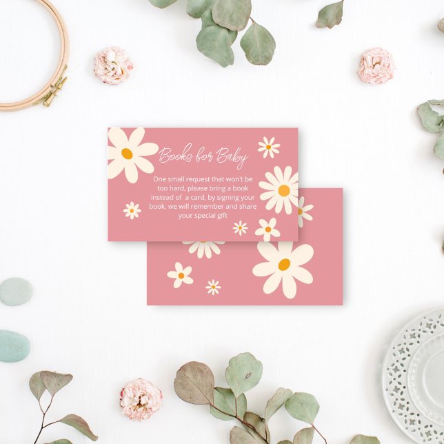 Carte D'accompagnement Baby shower de la marguerite rose rétro demande (Retro daisy pink desert baby shower books request enclosure card books for baby daisy themed pink)