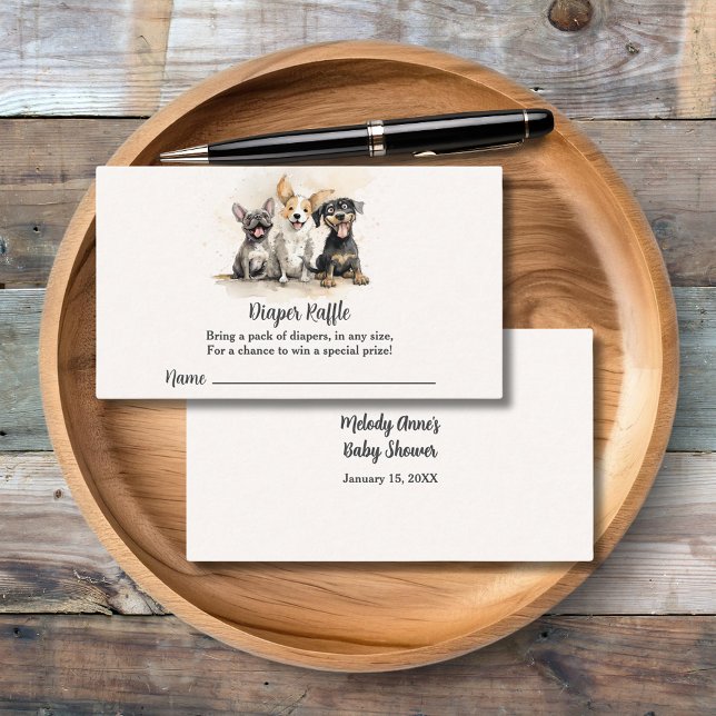 Carte D'accompagnement Baby shower de l'aquarelle de chien chicot chicot (Baby Shower Diaper Raffle with Adorable Watercolor Puppies, Mom's Name, Shower Date.)