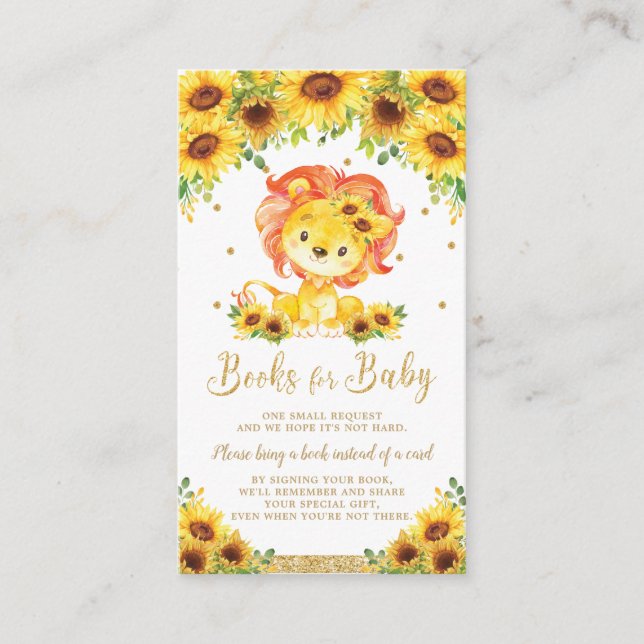 Carte D'accompagnement Baby shower de Lion tournesol apporter un livre (Devant)