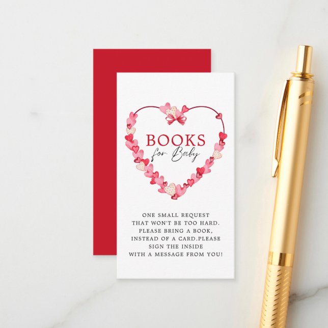 Carte D'accompagnement Baby shower de livres pour bébé Pink Red Hearts (Devant/Arrière en situation)