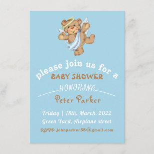 Carte D'accompagnement baby shower de l'ours en peluche bleu brun