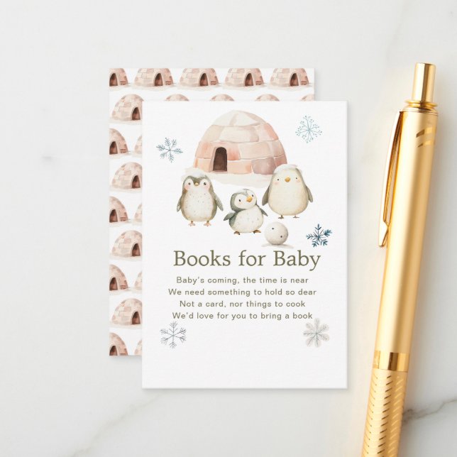 Carte D'accompagnement Baby shower de pingouins d'hiver mignons Livres po (Devant/Arrière en situation)