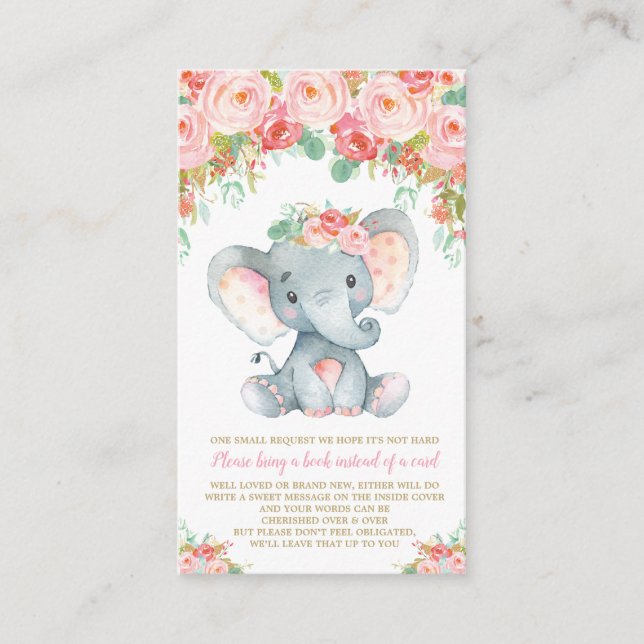 Carte D'accompagnement Baby shower d'éléphants floraux Apportez un livre (Devant)