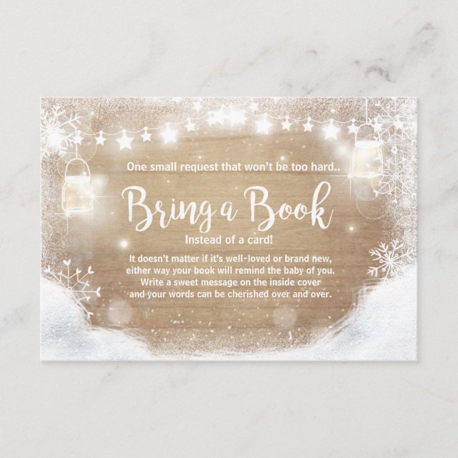 Carte D'accompagnement Baby shower d'hiver Apportez un livre Neige Rustiq (Devant)