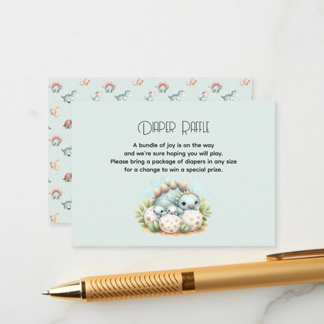 Carte D'accompagnement Baby Shower Diaper Raffle Card Dinosaur Dino Mite (Devant/Arrière en situation)