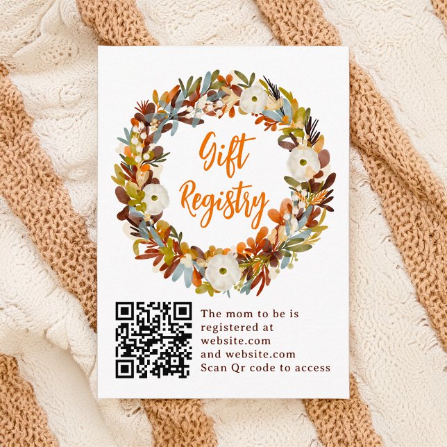 Carte D'accompagnement Baby shower du registre citrouille de couronne flo (Floral wreath pumpkin registry baby shower enclosure card)