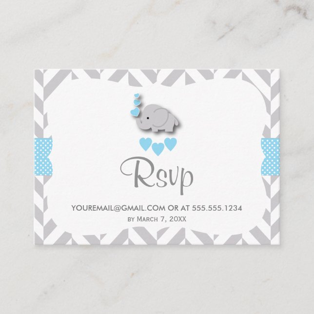 Carte D'accompagnement Baby shower éléphant bleu et gris - RSVP E-mail (Devant)