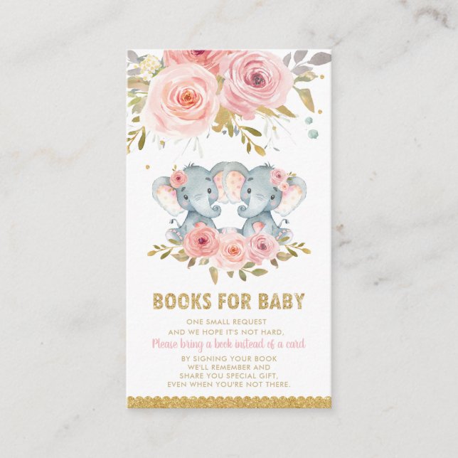 Carte D'accompagnement Baby shower Eléphant Twin Girls Apportez un livre (Devant)