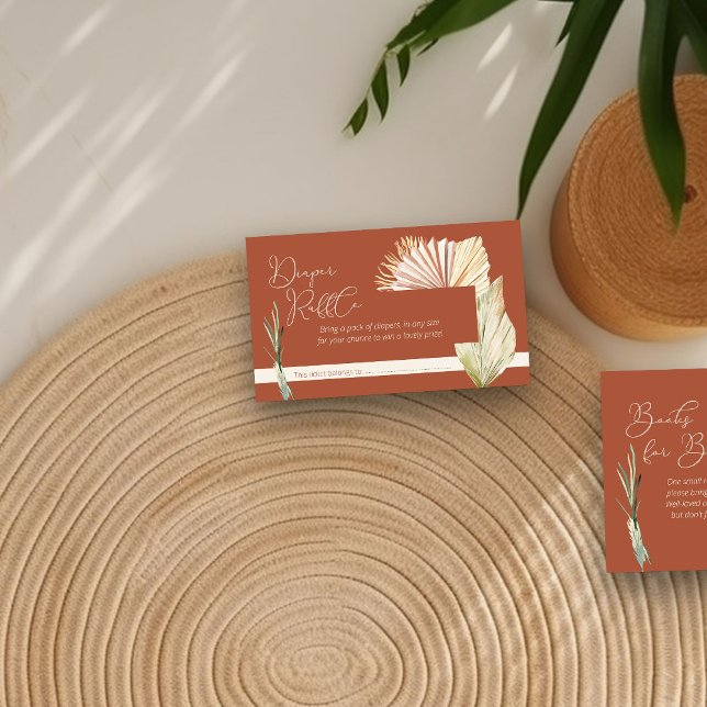 Carte D'accompagnement Baby shower en terre cuite de feuillage de feuilla (Diaper Raffle enclosure card in terracotta with boho palm leaves)