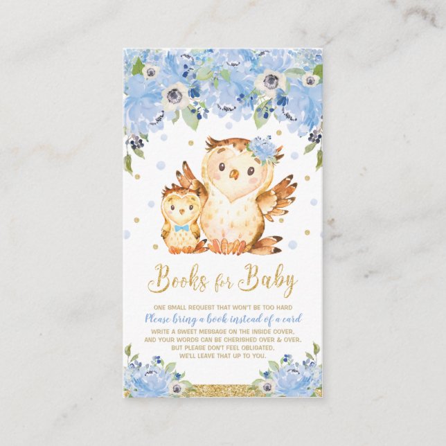 Carte D'accompagnement Baby shower fleuri bleu hibou Apportez un livre (Devant)