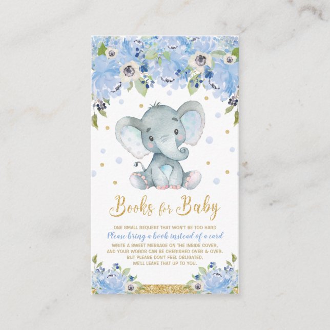 Carte D'accompagnement Baby shower Floral bleu éléphant Apportez un livre (Devant)