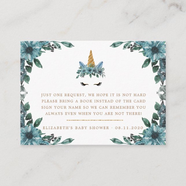 Carte D'accompagnement baby shower floral bleu unicorne endormi (Devant)