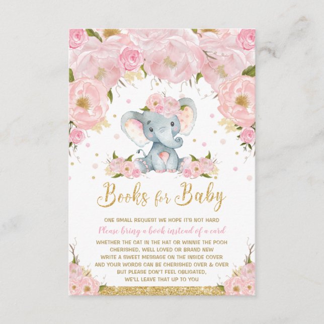 Carte D'accompagnement Baby shower floral éléphant Apportez un livre (Devant)