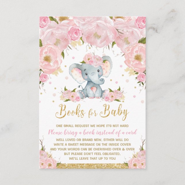 Carte D'accompagnement Baby shower floral éléphant Apportez un livre Bébé (Devant)