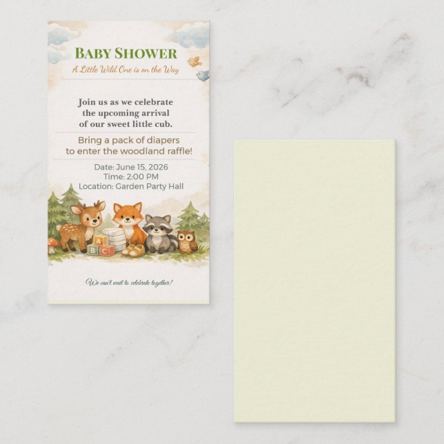 Carte D'accompagnement Baby Shower Invite | Woodland Diaper Raffle Card (Devant / Derrière)