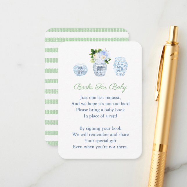 Carte D'accompagnement Baby Shower Livre Chinoiserie Vert Clair (Devant/Arrière en situation)