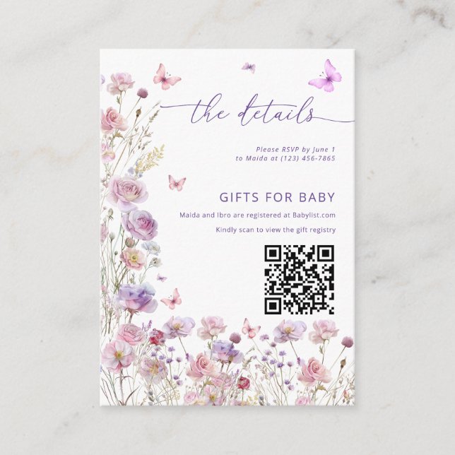 Carte D'accompagnement Baby shower papillon rose pourpre DÉTAILS (Devant)