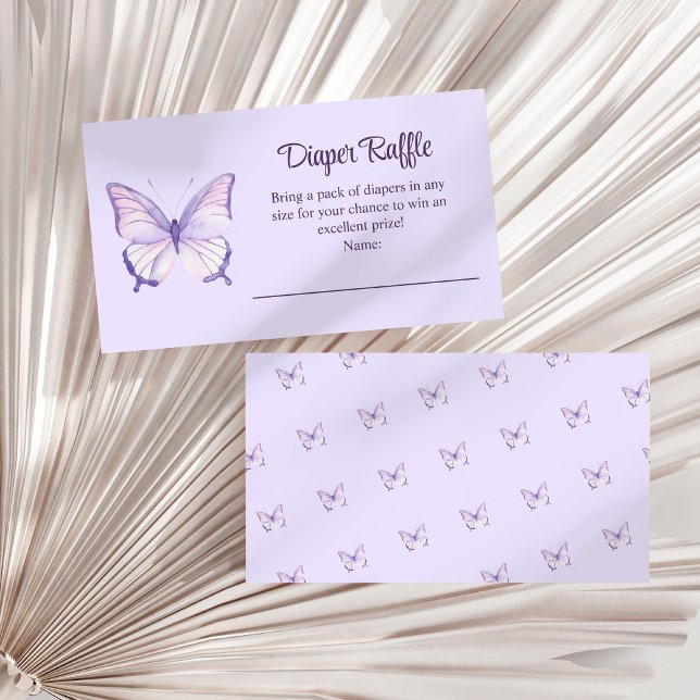 Carte D'accompagnement Baby shower Papillon violet Déchets (Purple Butterfly Baby Shower Diaper Raffle Enclosure Card on a white dry palm leaf.)