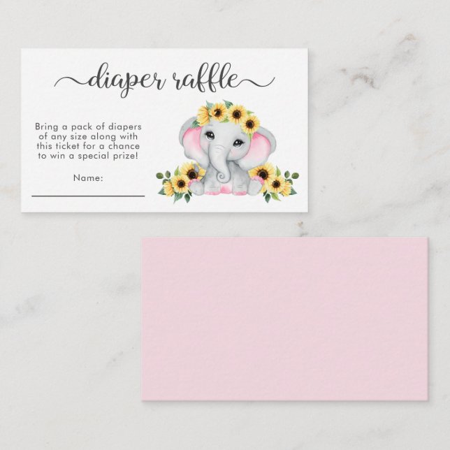 Carte D'accompagnement Baby shower Raffin rose Eléphant Fleurs de soleil (Devant / Derrière)