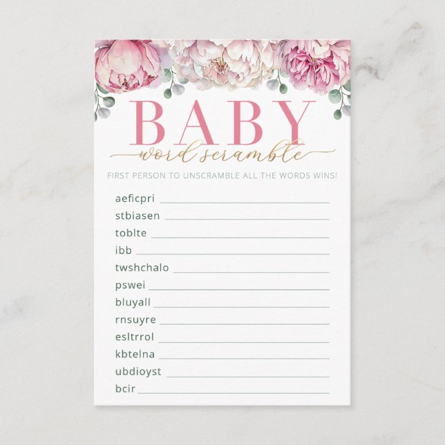 Carte D'accompagnement Baby shower rose et or Floral Word Scramble Gam (Devant)