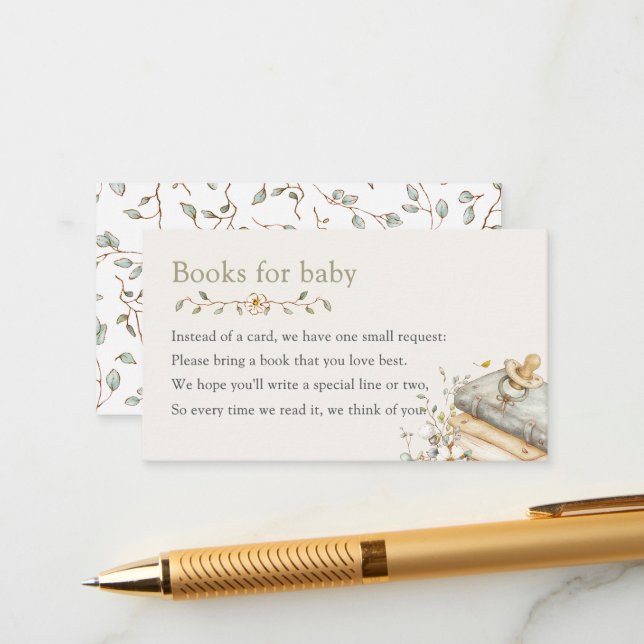 Carte D'accompagnement Baby Shower Rustic Botanical Books For Baby  (Devant/Arrière en situation)