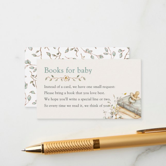 Carte D'accompagnement Baby Shower Rustic Botanical Books For Baby  (Devant/Arrière en situation)