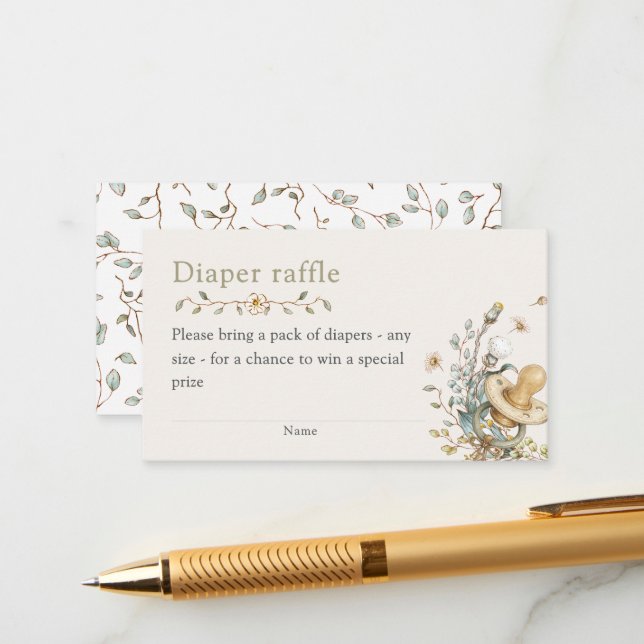 Carte D'accompagnement Baby Shower Rustic Botanical Diaper Raffle (Devant/Arrière en situation)