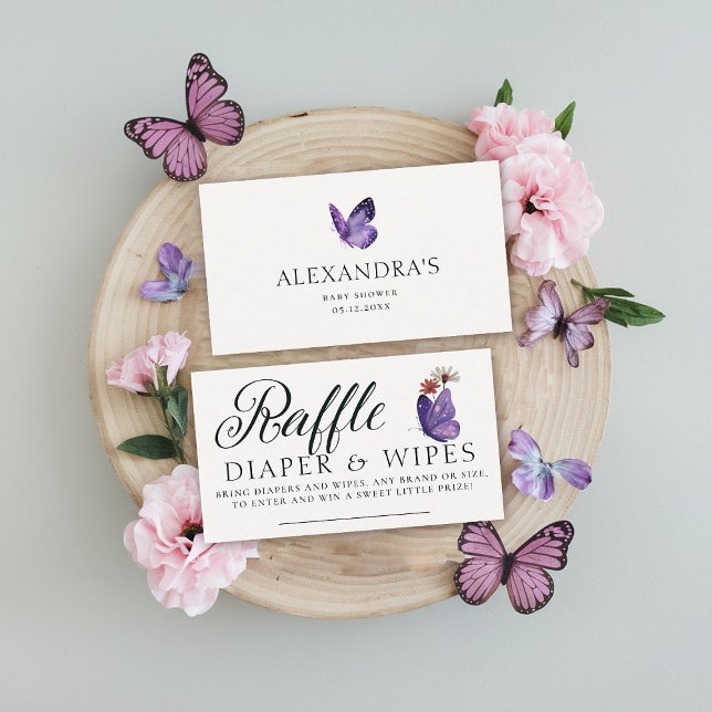 Carte D'accompagnement Baby shower sauvage violet de Papillon de raffle d (baby shower diaper raffle insert card purple butterflies wildflowers garden party spring summer)