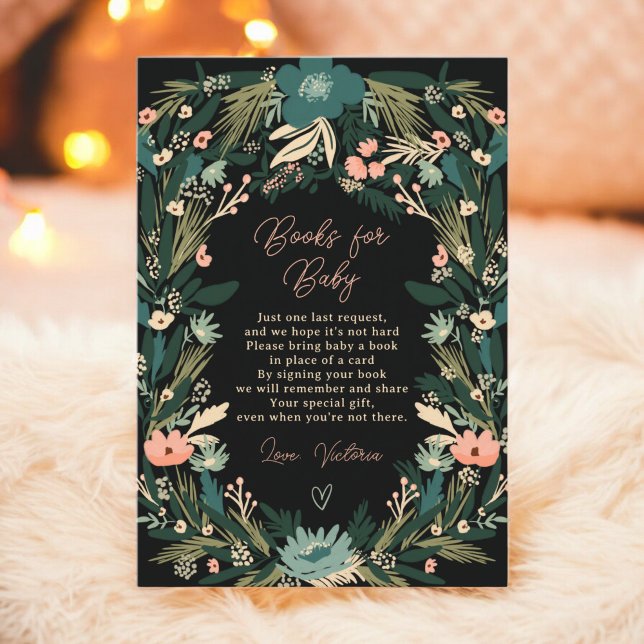 Carte D'accompagnement Baby shower Whimsical Green Rose Floral Books (Whimsical Green Pink Floral Books Baby Shower Enclosure Card)