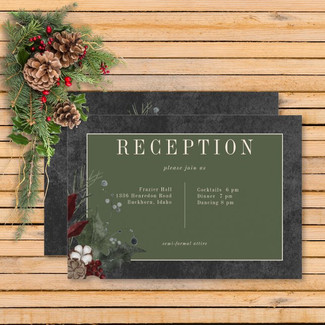 Carte D'accompagnement Baies d'hiver rustiques et réception noire de pin (Rustic Winter Berries & Pine Black Wedding Reception Card)