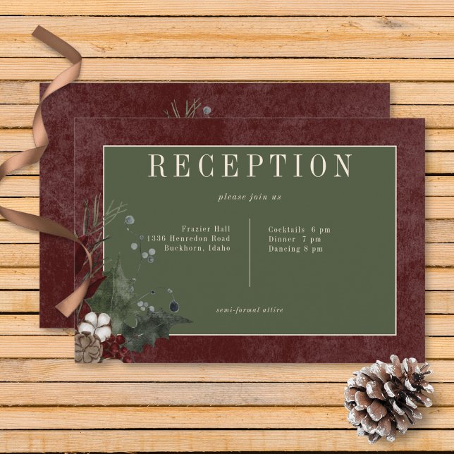 Carte D'accompagnement Baies d'hiver rustiques & Pine Réception Bourgogne (Rustic Winter Berries & Pine Burgundy Wedding Reception Card)
